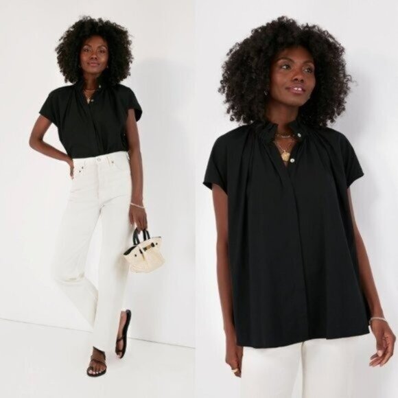 Pomander Place | NEW Black Rae Short Cap Sleeve Ruffle Collar Blouse Size S - Picture 1 of 10